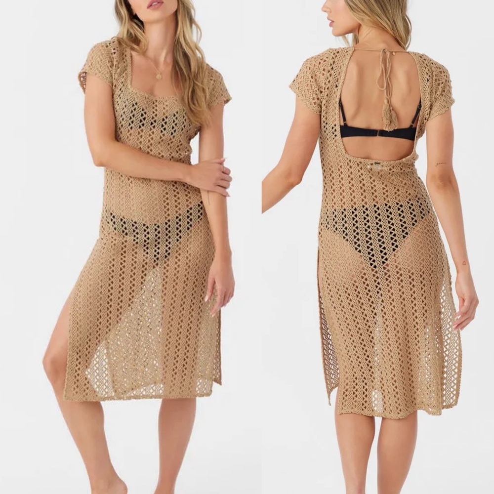 Oneill Nina Midi Crochet Lace Cover-Up Dress Tan Sz Small Vacation Beach